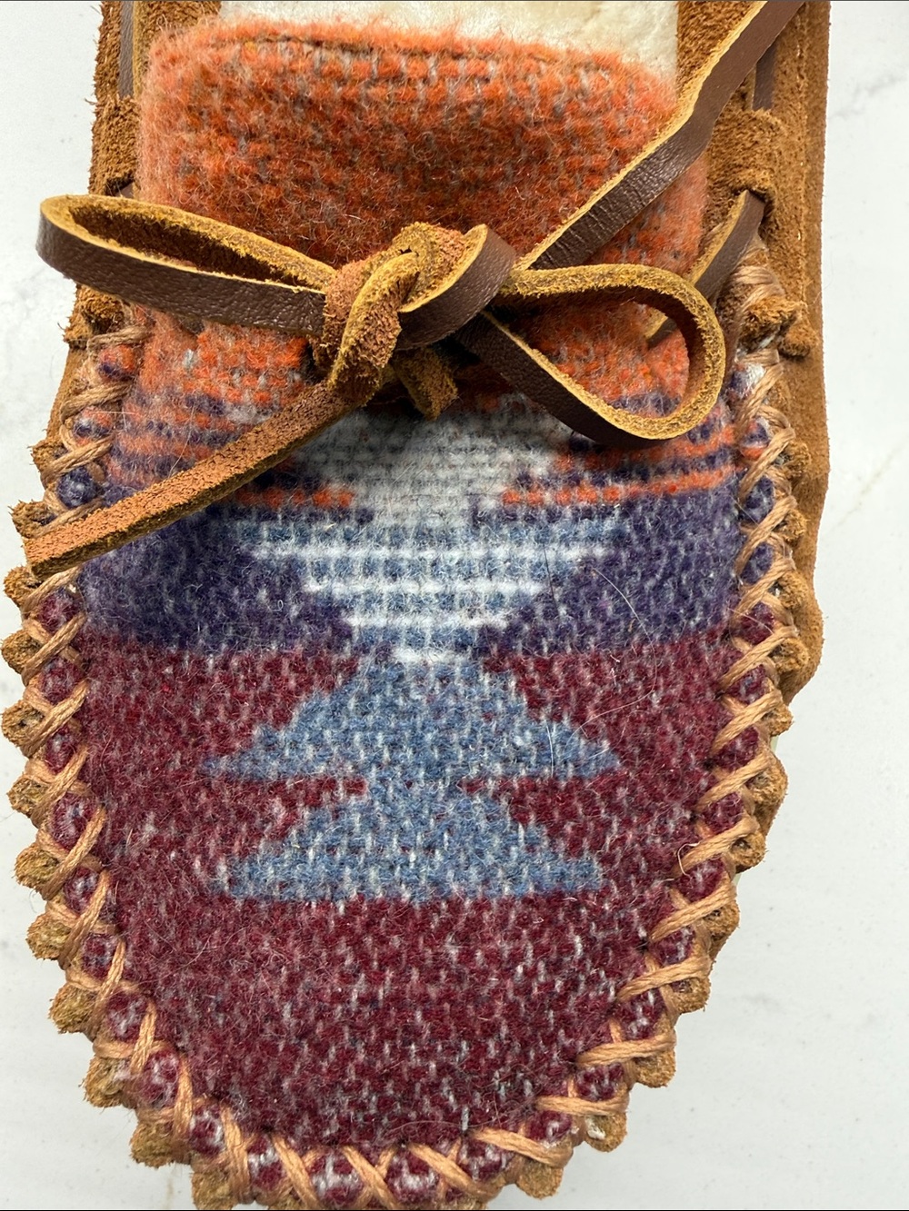 Minnetonka Suede Moccasins with Aztec Patterned Wool Top - Rust, Navy & Tan - Picture 3 of 5